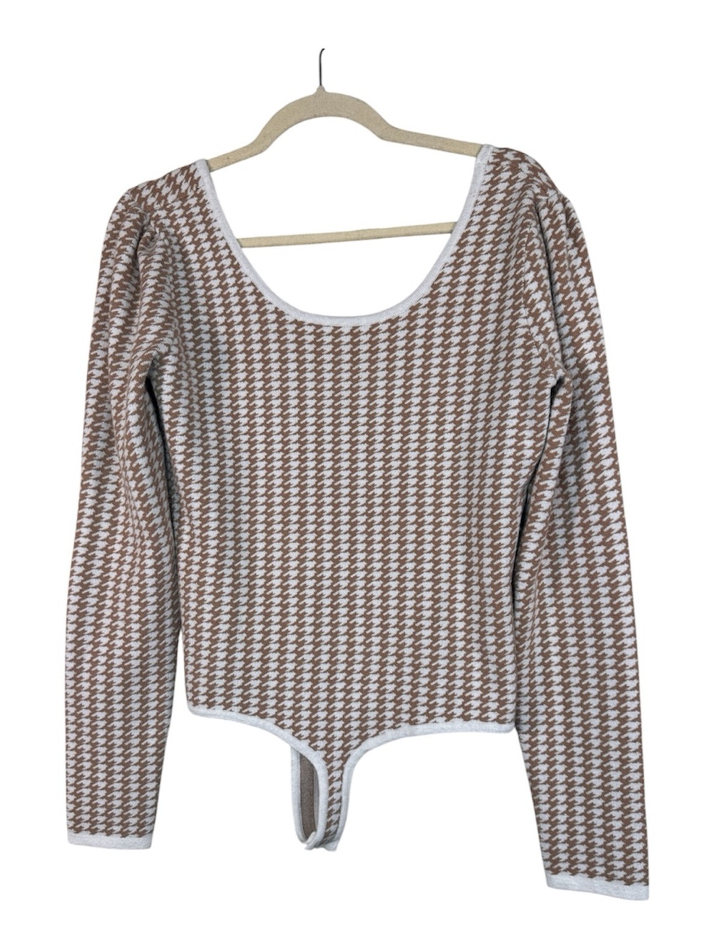 One Grey Day Tan White Herringbone Puff Shoulder Bodysuit Womens L Classic